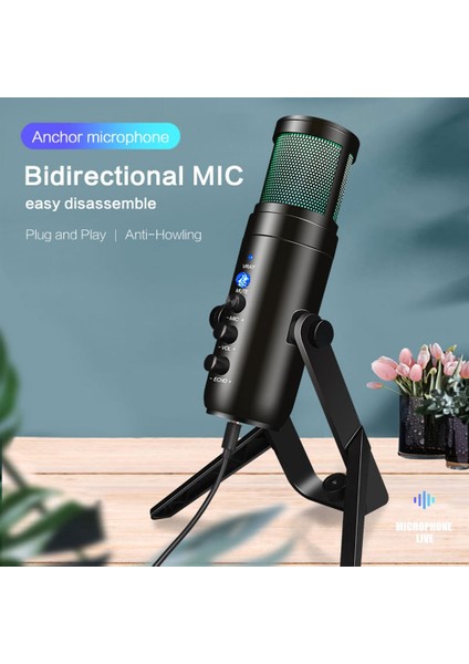 USB Masaüstü Mikrofon Rgb Kondenser Mikrofon Oyun Canlı Konferans Kayıt Monitörü Kondenser Mikrofon (Yurt Dışından)