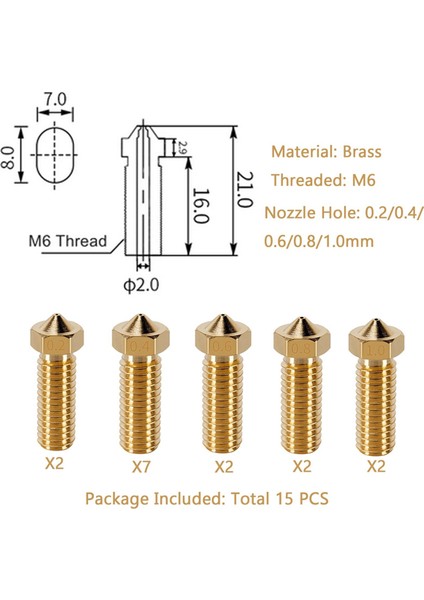 15PCS Nozul Seti, 3D Yazıcı 7pcs 0.4mm Pirinç Nozullar ve 2pcs 0.2mm, 0.6mm, 0.8mm, 1.0mm Pirinç Nozullar Seti-Altın (Yurt Dışından) fiyatları
