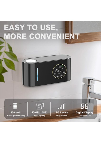 Otomatik Sabunluk Dispenseri Duvara Montaj 17OZ Mutfak Banyo Için Şarj Edilebilir Sıvı Bulaşık Sabunu Dispenseri-Siyah (Yurt Dışından)