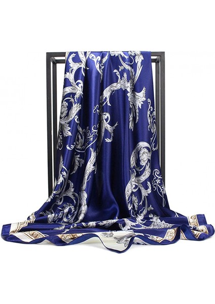 Kadın Ipek Eşarp Kemer Desenli Büyük Kare Saten Başörtüsü Headdress 35", Koyu Mavi (Yurt Dışından)