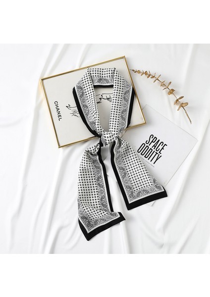 Kare Ipek Saten Eşarp Kadın Saç Kravat Bandı Aksesuarı, Siyah-Beyaz (Yurt Dışından)