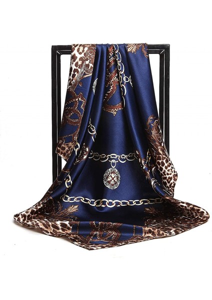 Kadın Ipek Eşarp Kemer Desenli Büyük Kare Saten Başörtüsü Headdress 35", Mavi (Yurt Dışından)