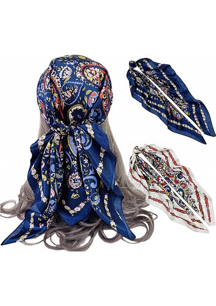 2 Paket 35 "saten Ipek Gibi Saç Eşarp Bandana Işık Kafa Sarar Boyun Yüz Eşarplar Kadınlar Için Kapak, Çiçek Lacivert + Beyaz (Yurt Dışından)