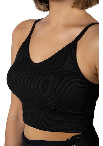 Kadın Siyah Ip Askılı Fitted/vücuda Oturan Fitilli Örme Crop Top Bluz 23K-TRP-CRP05