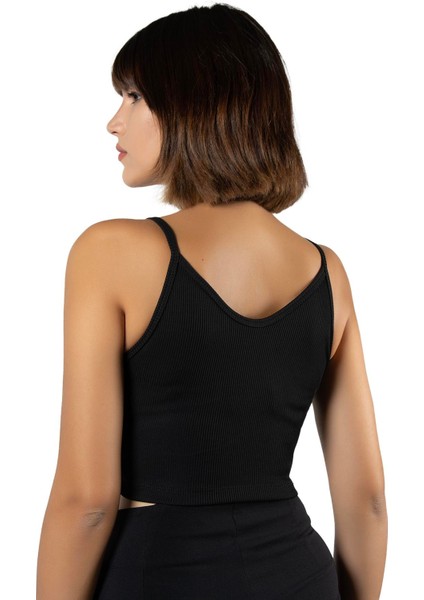 Kadın Siyah Ip Askılı Fitted/vücuda Oturan Fitilli Örme Crop Top Bluz 23K-TRP-CRP05