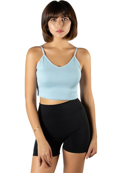 Kadın Mavi Ip Askılı Fitted/vücuda Oturan Fitilli Örme Crop Top Bluz 23K-TRP-CRP05