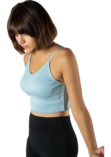 Kadın Mavi Ip Askılı Fitted/vücuda Oturan Fitilli Örme Crop Top Bluz 23K-TRP-CRP05