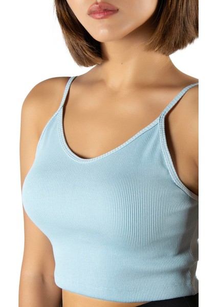 Kadın Mavi Ip Askılı Fitted/vücuda Oturan Fitilli Örme Crop Top Bluz 23K-TRP-CRP05