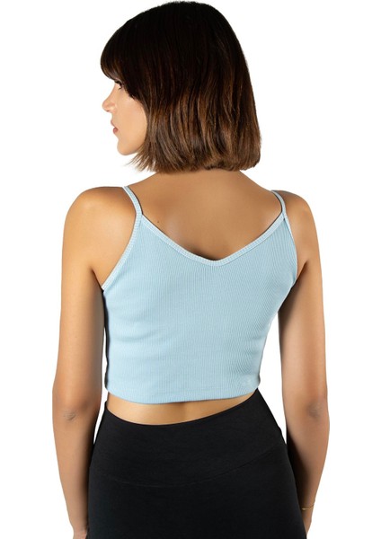 Kadın Mavi Ip Askılı Fitted/vücuda Oturan Fitilli Örme Crop Top Bluz 23K-TRP-CRP05