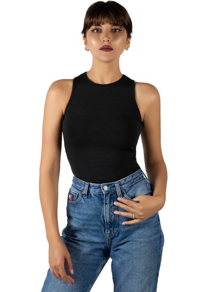 Kadın Siyah Fitted/vücuda Oturan Halter Yaka Spor Bluz Atlet 23K-TRP-CRP11