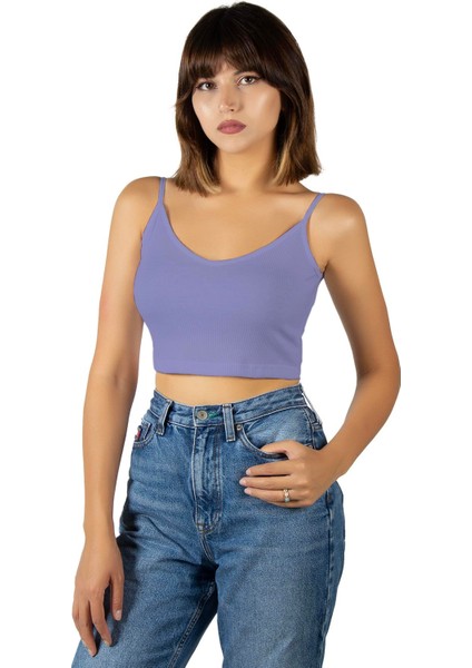 Kadın Mor Ip Askılı Fitted/vücuda Oturan Fitilli Örme Crop Top Bluz 23K-TRP-CRP05