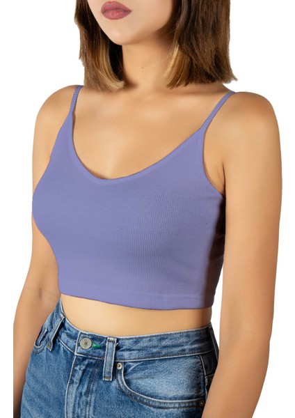 Kadın Mor Ip Askılı Fitted/vücuda Oturan Fitilli Örme Crop Top Bluz 23K-TRP-CRP05