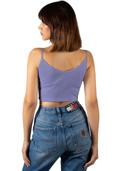 Kadın Mor Ip Askılı Fitted/vücuda Oturan Fitilli Örme Crop Top Bluz 23K-TRP-CRP05