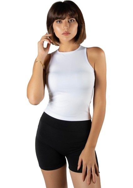 Kadın Beyaz Fitted/vücuda Oturan Halter Yaka Spor Bluz Atlet 23K-TRP-CRP11