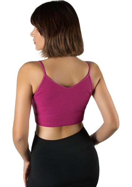 Kadın Fuşya Ip Askılı Fitted/vücuda Oturan Fitilli Örme Crop Top Bluz 23K-TRP-CRP05