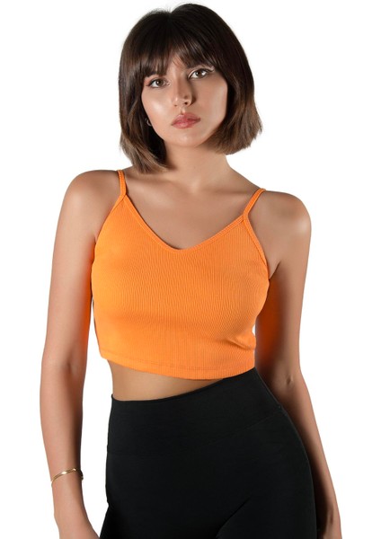 Kadın Turuncu Ip Askılı Fitted/vücuda Oturan Fitilli Örme Crop Top Bluz 23K-TRP-CRP05