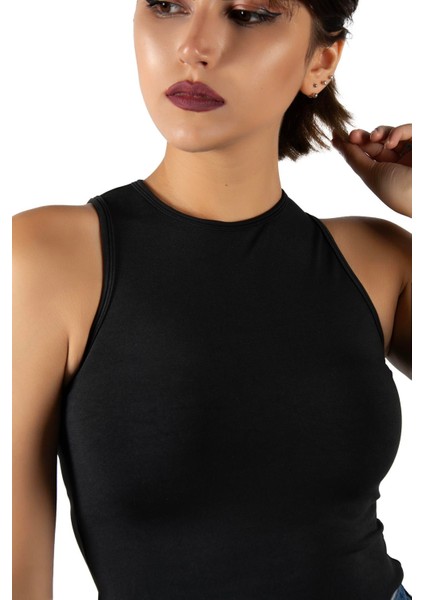 Kadın Siyah Fitted/vücuda Oturan Halter Yaka Spor Bluz Atlet 23K-TRP-CRP11