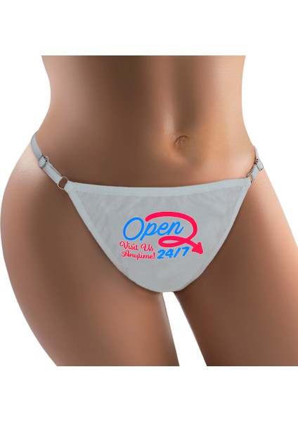 - Open 24/7 Retro - Neon Tasarım Baskılı Pamuk Ayarlanabilir G-String, Tanga, Kadın Iç Çamaşırı