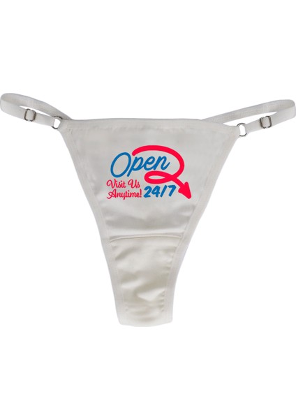 - Open 24/7 Retro - Neon Tasarım Baskılı Pamuk Ayarlanabilir G-String, Tanga, Kadın Iç Çamaşırı