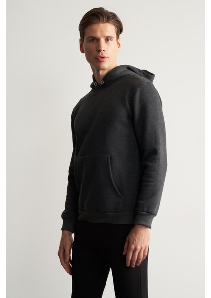 Çetinkaya Mentality 3706 Erkek Kapüşonlu Kanguru Cepli Rejenere Antrasitmelanj Sweatshirt