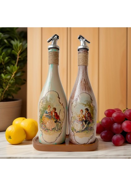 Özel Tasarım Vintage Desenli Sunum Stantlı Zeytinyağı Sıvıyağ Şişesi 2'li 750 ml