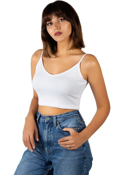 Kadın Beyaz Ip Askılı Fitted/vücuda Oturan Fitilli Örme Crop Top Bluz 23K-TRP-CRP05
