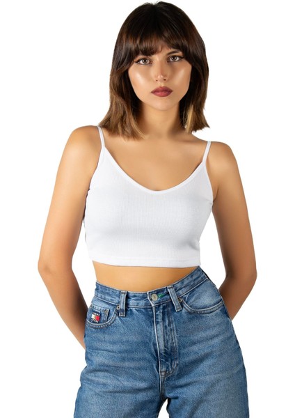 Kadın Beyaz Ip Askılı Fitted/vücuda Oturan Fitilli Örme Crop Top Bluz 23K-TRP-CRP05