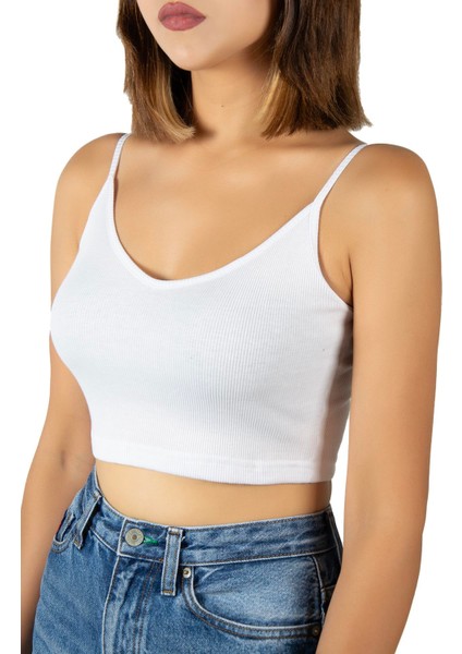Kadın Beyaz Ip Askılı Fitted/vücuda Oturan Fitilli Örme Crop Top Bluz 23K-TRP-CRP05