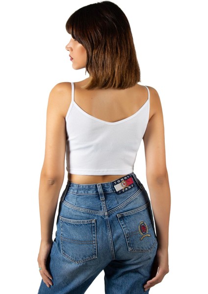 Kadın Beyaz Ip Askılı Fitted/vücuda Oturan Fitilli Örme Crop Top Bluz 23K-TRP-CRP05