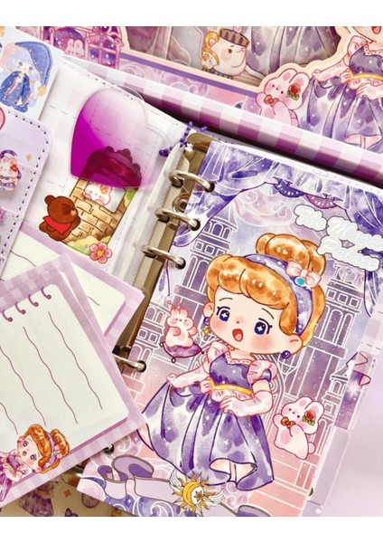 Sevimli Kız Lila Kutu Dopdolu Binder Defter Hediye Seti Kutu Set Notebook Bullet Journal