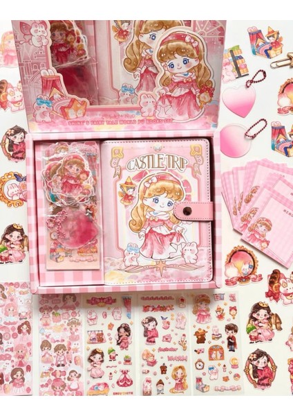 Sevimli Kız Pembe Kutu Dopdolu Binder Defter Hediye Seti Kutu Set Notebook Bullet Journal