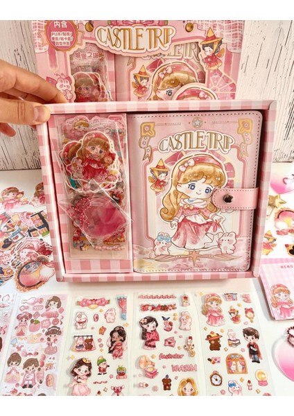 Sevimli Kız Pembe Kutu Dopdolu Binder Defter Hediye Seti Kutu Set Notebook Bullet Journal