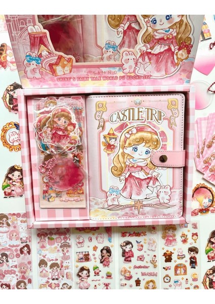 Sevimli Kız Pembe Kutu Dopdolu Binder Defter Hediye Seti Kutu Set Notebook Bullet Journal