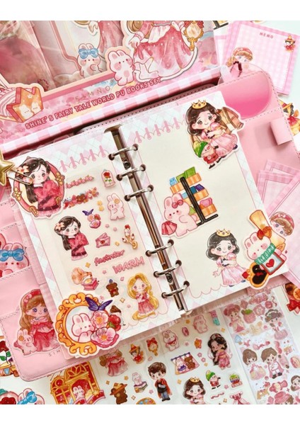 Sevimli Kız Pembe Kutu Dopdolu Binder Defter Hediye Seti Kutu Set Notebook Bullet Journal