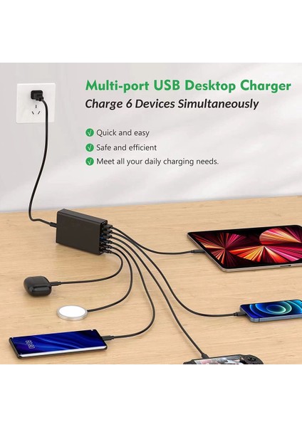 96W 6 Bağlantı Noktalı Masaüstü USB Şarj Istasyonu, Pd 20W Hızlı Şarj Cihazı Ab Fişi (Yurt Dışından)