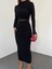 Esnek Sandy Kumaş Tül Dekolte Detaylı Dik Yaka Uzun Kollu Midi Boy Kalem Elbise 3