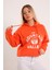 Orange Kadın Kapüşonlu Ön Baskılı Şardonlu Crop Sweatshirt P-00002237 1