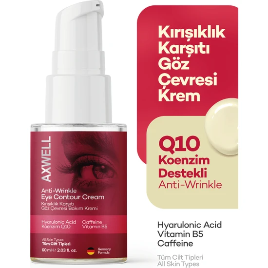 Axwell Koenzim Q10, Hyarulonic Acid, Caffeine Destekli Kırısıklık Karşıtı Nemlendirici Göz Çevresi Kremi