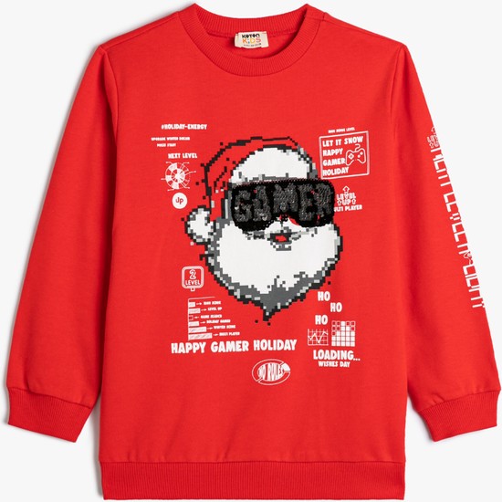 Koton Noel Baba Sweatshirt Yılbaşı Temalı Pullu Payetli Şardonlu Pamuklu