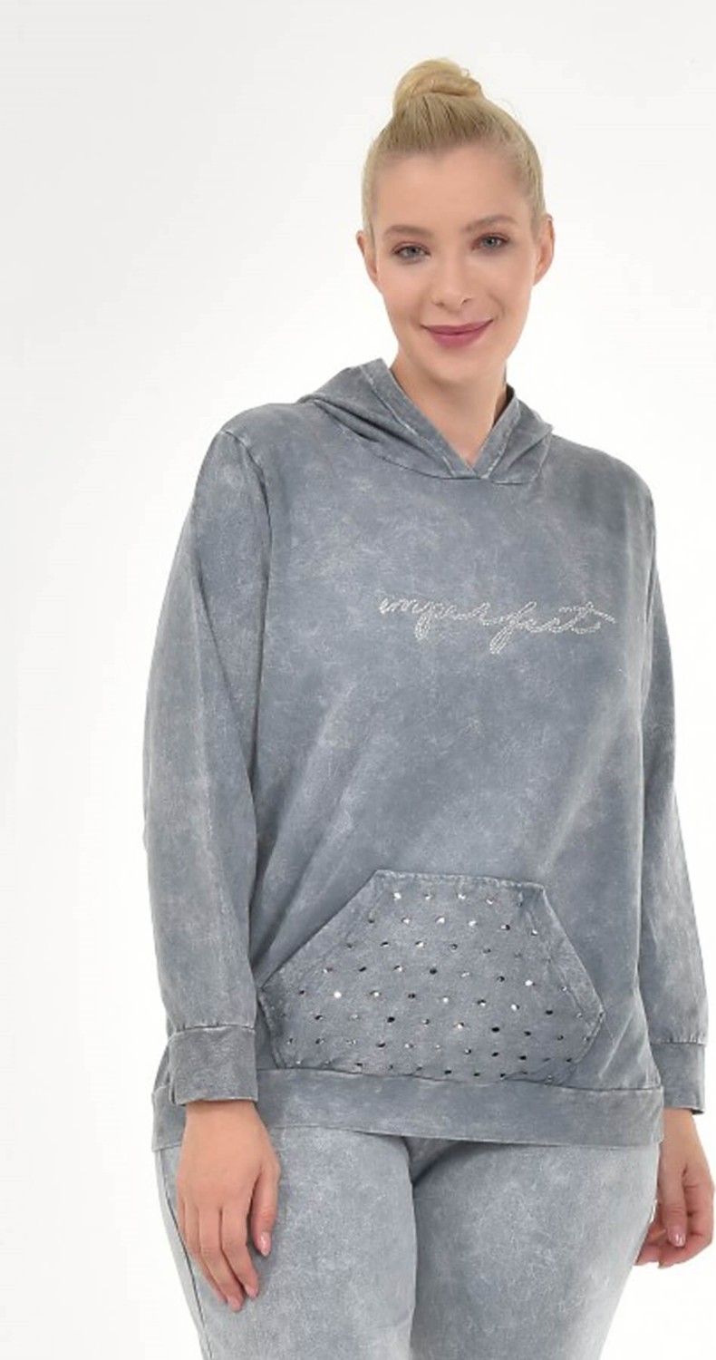 Mia Butik Kadın Büyük Beden İtalyan Yıkama Gri Kapşonlu Sweatshirt
