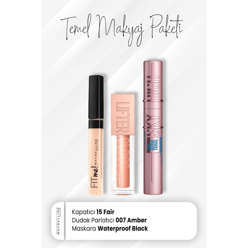 Maybelline New York Fit Me Kapatıcı 15, Sky High Waterproof Maskara Black Ve Dudak Parlatıcı 007 Amber