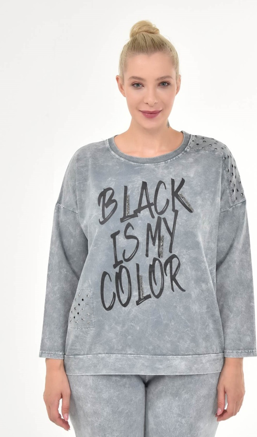 Mia Butik Kadın Büyük Beden İtalyan Yıkamalı Gri Yuvarlak Yaka Sweatshirt