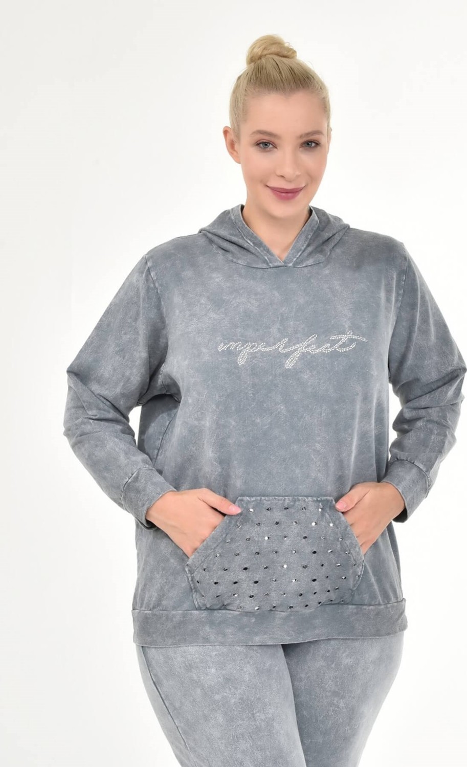 Mia Butik Kadın Büyük Beden İtalyan Yıkama Gri Kapşonlu Sweatshirt görsel 2