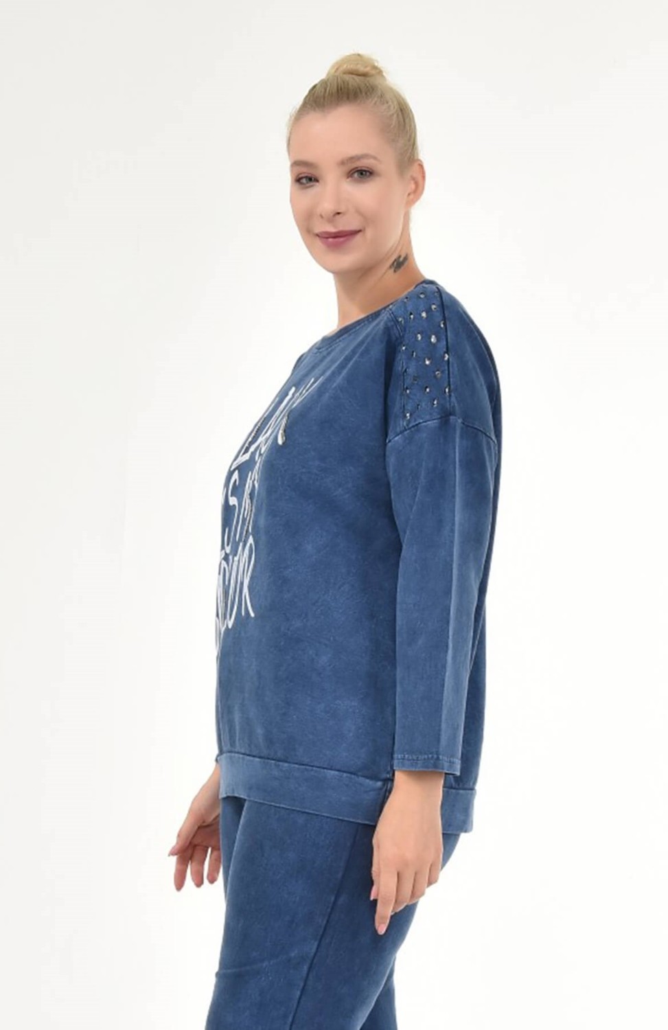 Mia Butik Kadın Büyük Beden İtalyan Yıkamalı Lacivert Yuvarlak Yaka Sweatshirt görsel 3