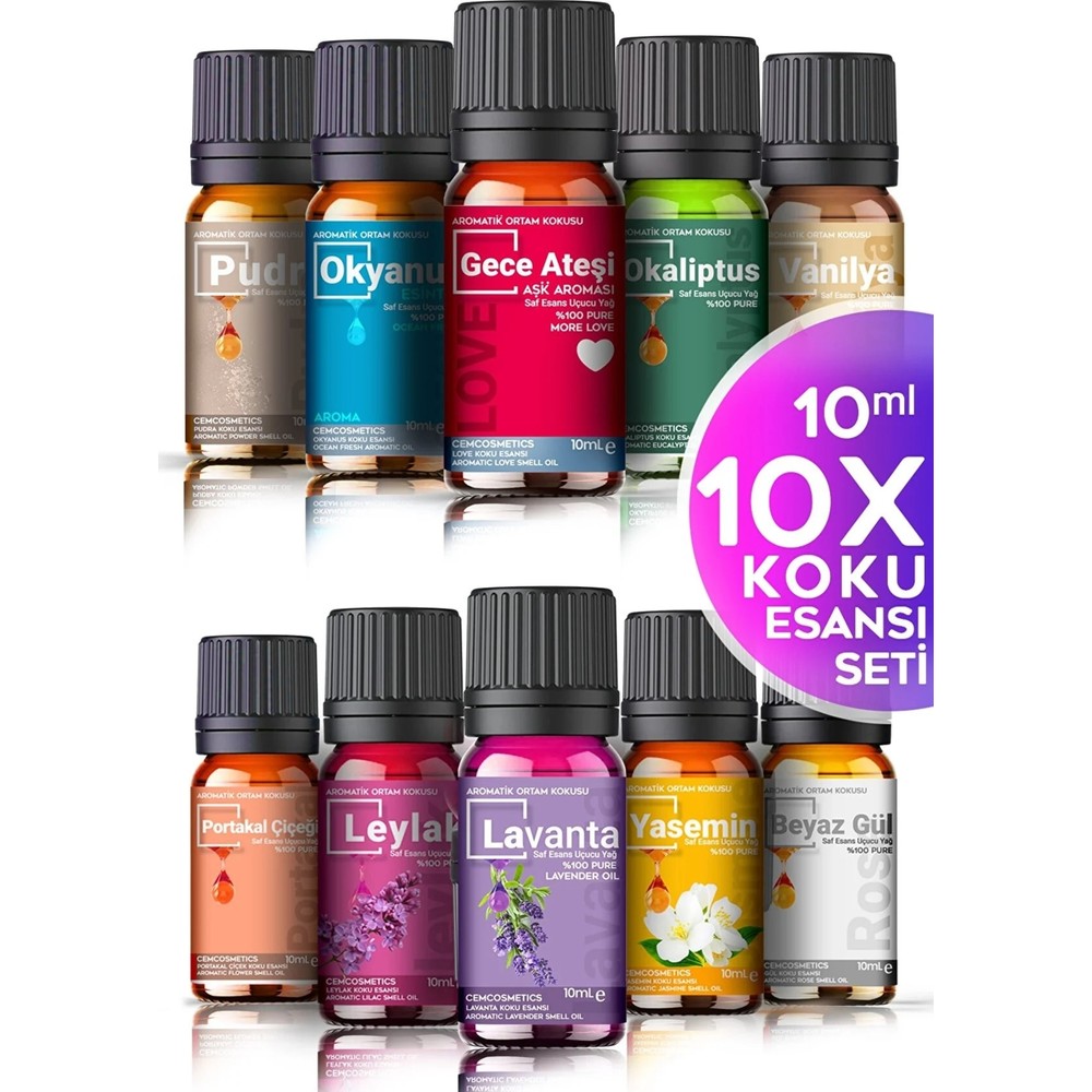 Cem Cosmetics Oda Kokusu 10'lu Set 10 X10 ml Çiçeksi Antimikrobiyal Cam Şişede
