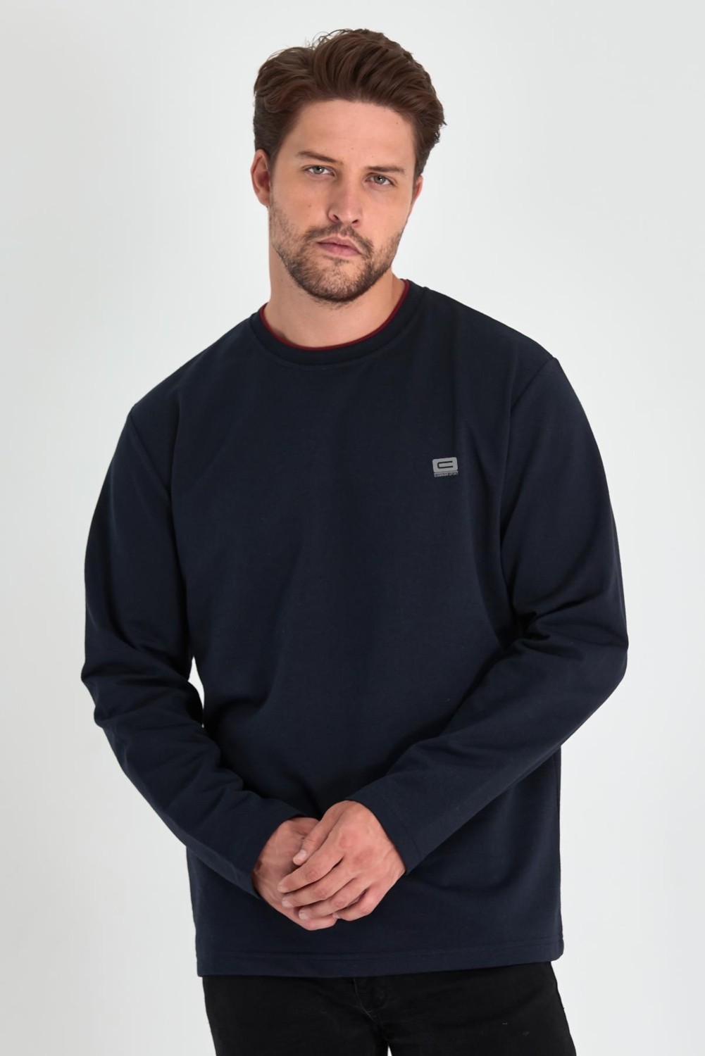 Mmetalic Erkek Lacivert Çift Bisiklet Yaka Baskı Detaylı Standart Rahat Kesim Sweatshirt