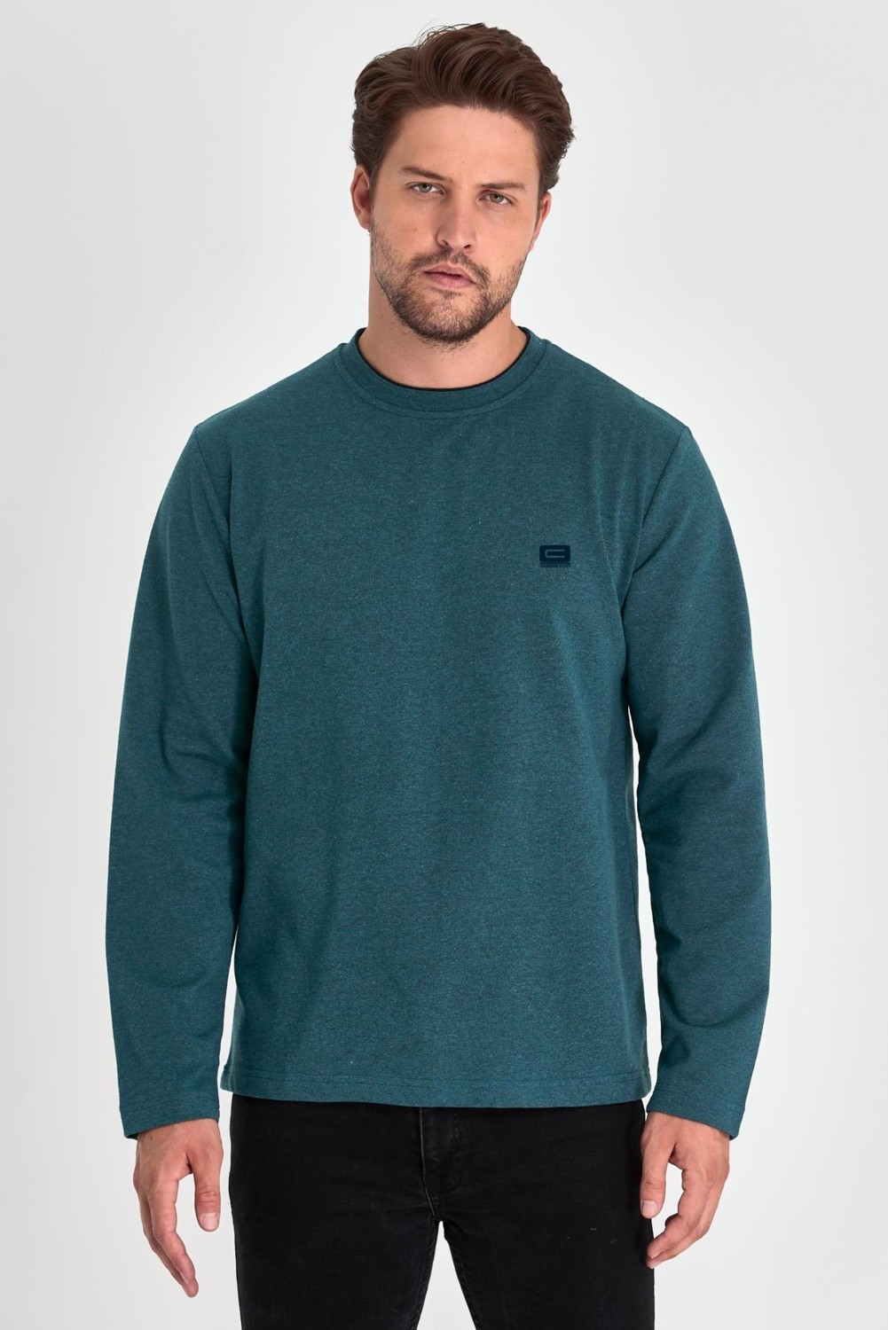Mmetalic Erkek Lacivert Çift Bisiklet Yaka Baskı Detaylı Standart Rahat Kesim Sweatshirt görsel 2