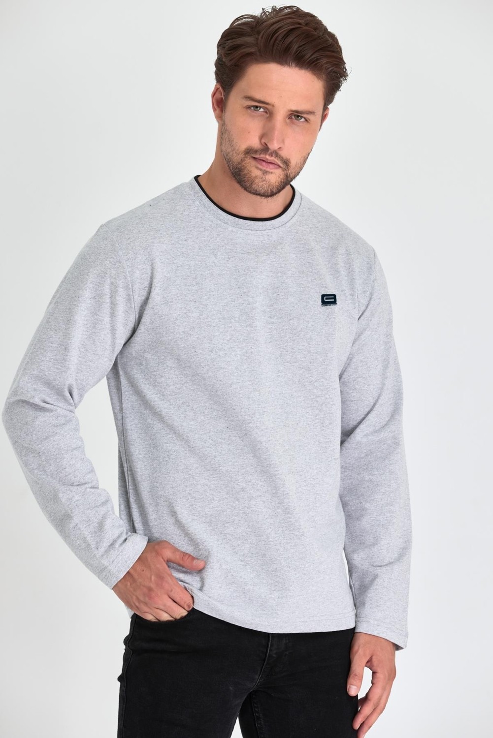 Mmetalic Erkek Lacivert Çift Bisiklet Yaka Baskı Detaylı Standart Rahat Kesim Sweatshirt