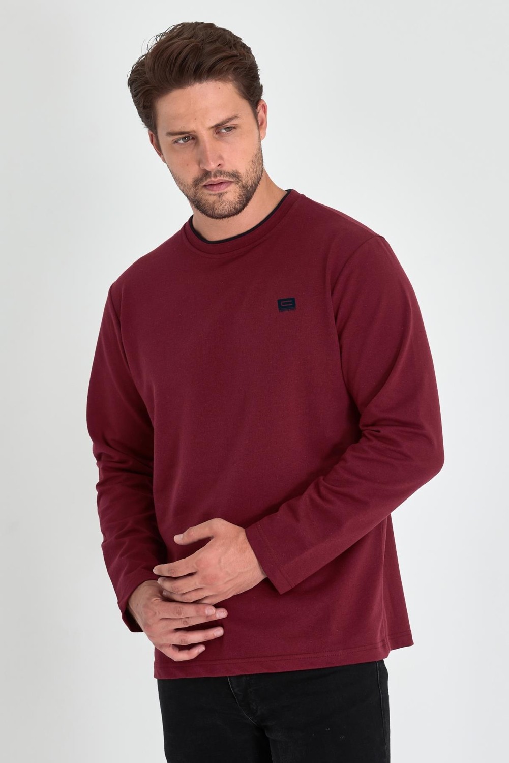 Mmetalic Erkek Lacivert Çift Bisiklet Yaka Baskı Detaylı Standart Rahat Kesim Sweatshirt görsel 7