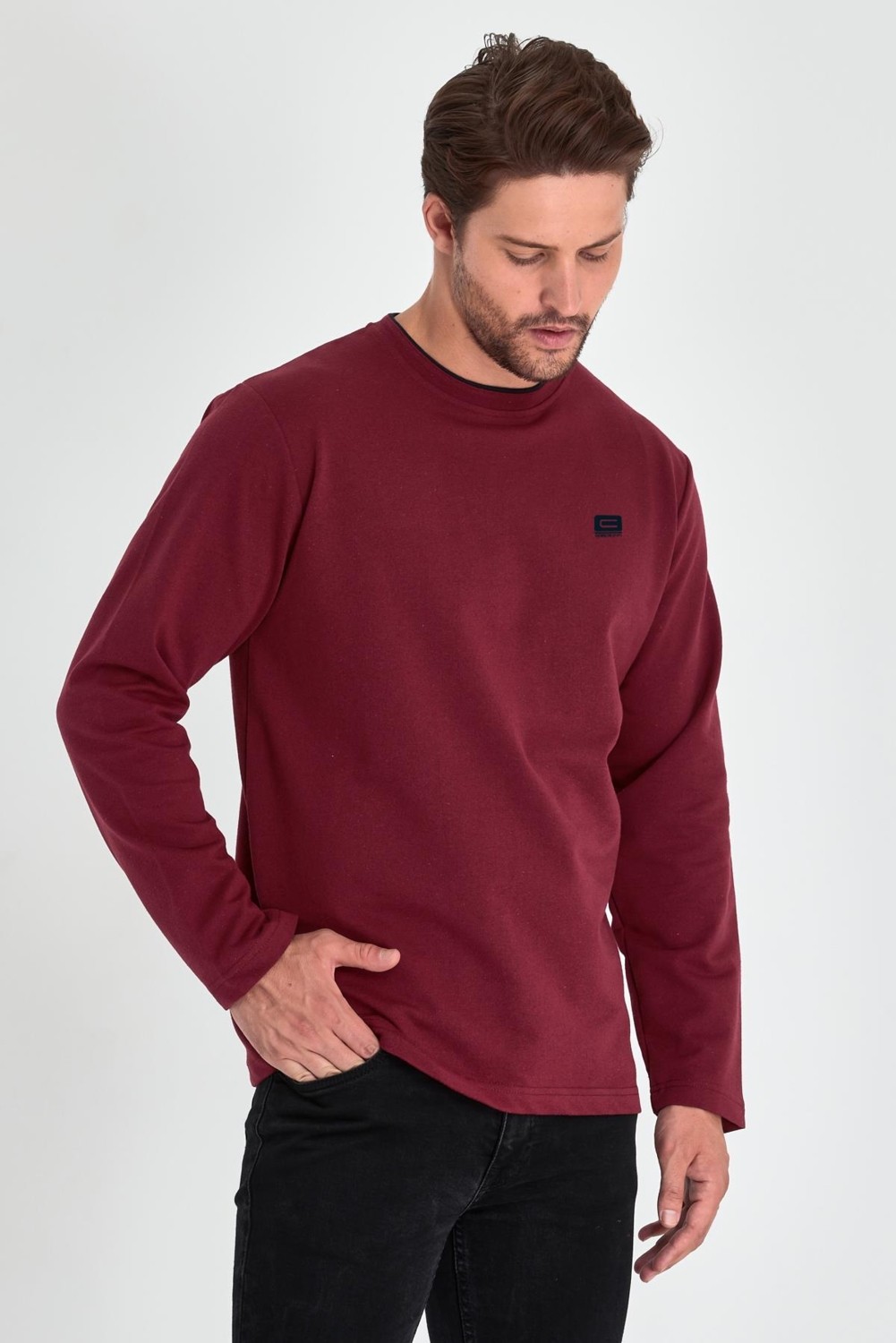 Mmetalic Erkek Lacivert Çift Bisiklet Yaka Baskı Detaylı Standart Rahat Kesim Sweatshirt görsel 8